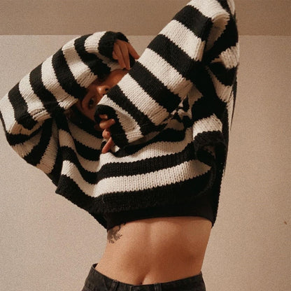 Black and White Striped Knitted Top
