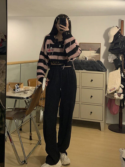 Black Pink Gothic Striped Knitted Sweater