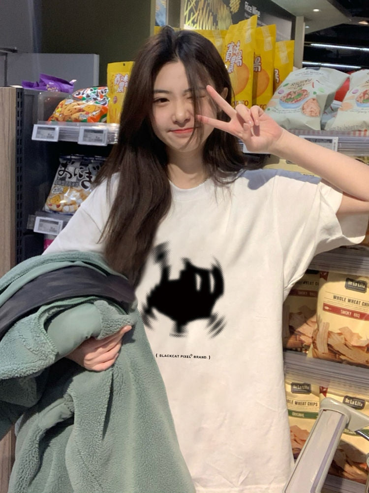 Y2K Cute Cat Print Oversized Tee