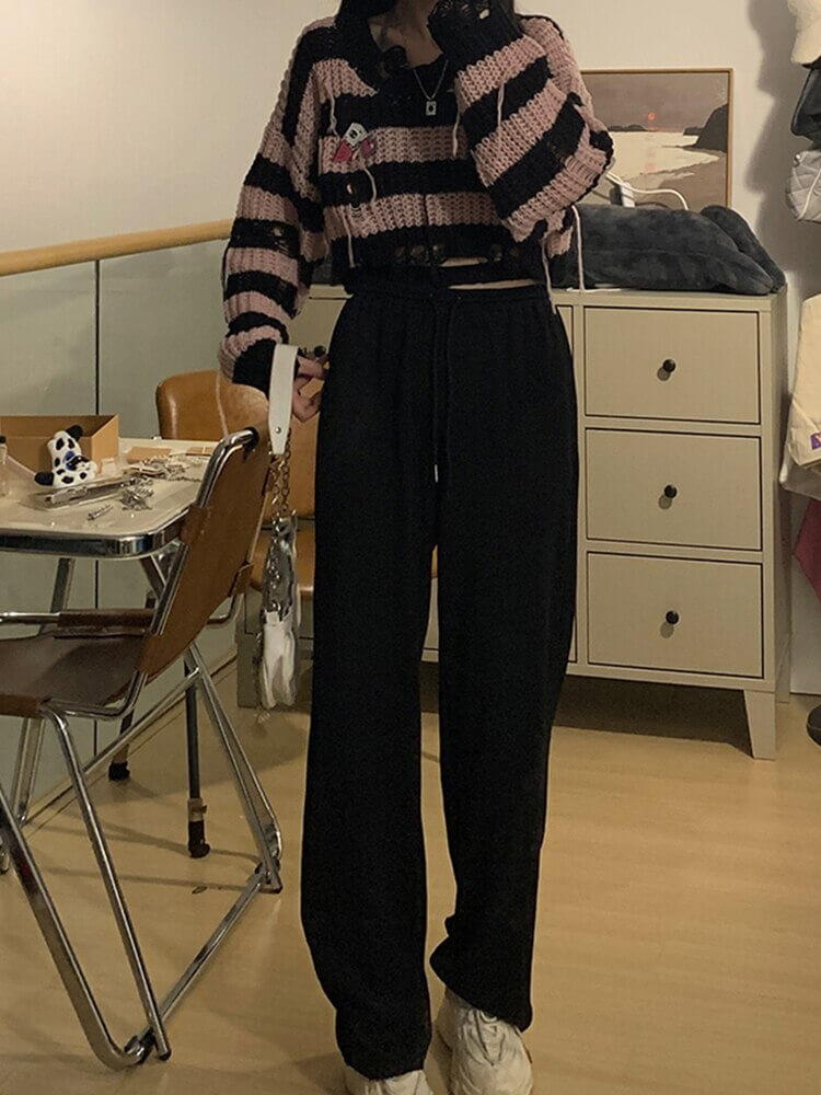 Black Pink Gothic Striped Knitted Sweater