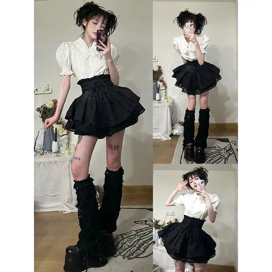 Kawaii Black and White Shirt and Skirt Set