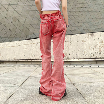 Vintage Washed Distressed Red Denim Jeans