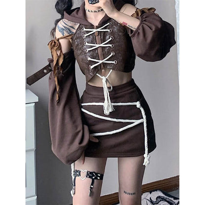 Hooded Off Shoulder D&D Crop Top + Mini Skirt Set