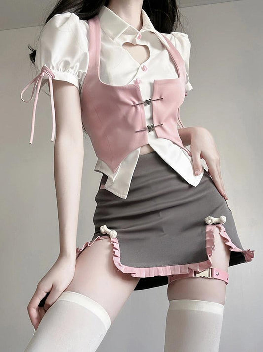 Shop Evelyn's Summer Pink and Pastel Womens Fashion 3 Piece Set Short Sleeve Top + Kawaii Vest + Mini Skirt , outfit set , Killer Lookz , academia, corset, kawaii, pastel, pink, sets , Killer Lookz , killerlookz.com