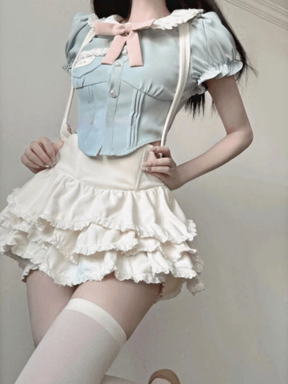 Bow Kawaii Puff Sleeve Top Princess Skirt Set