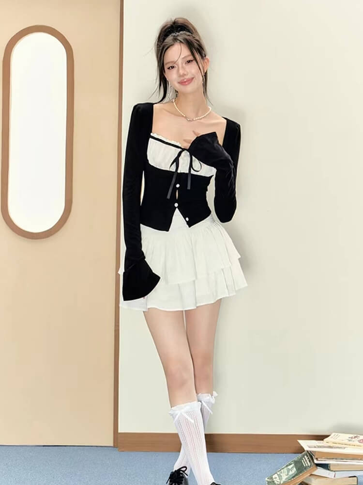Eclipse B&W Long Sleeve Top and Skirt Set