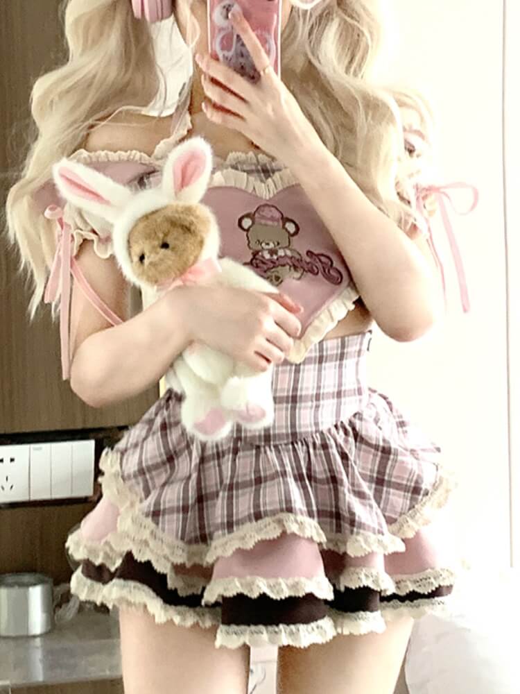 Pink Lolita Kawaii Heart-shaped Blouse Plaid Cake Skirt Set
