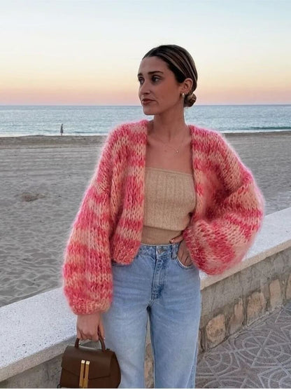 Pink Striped Open Sweater