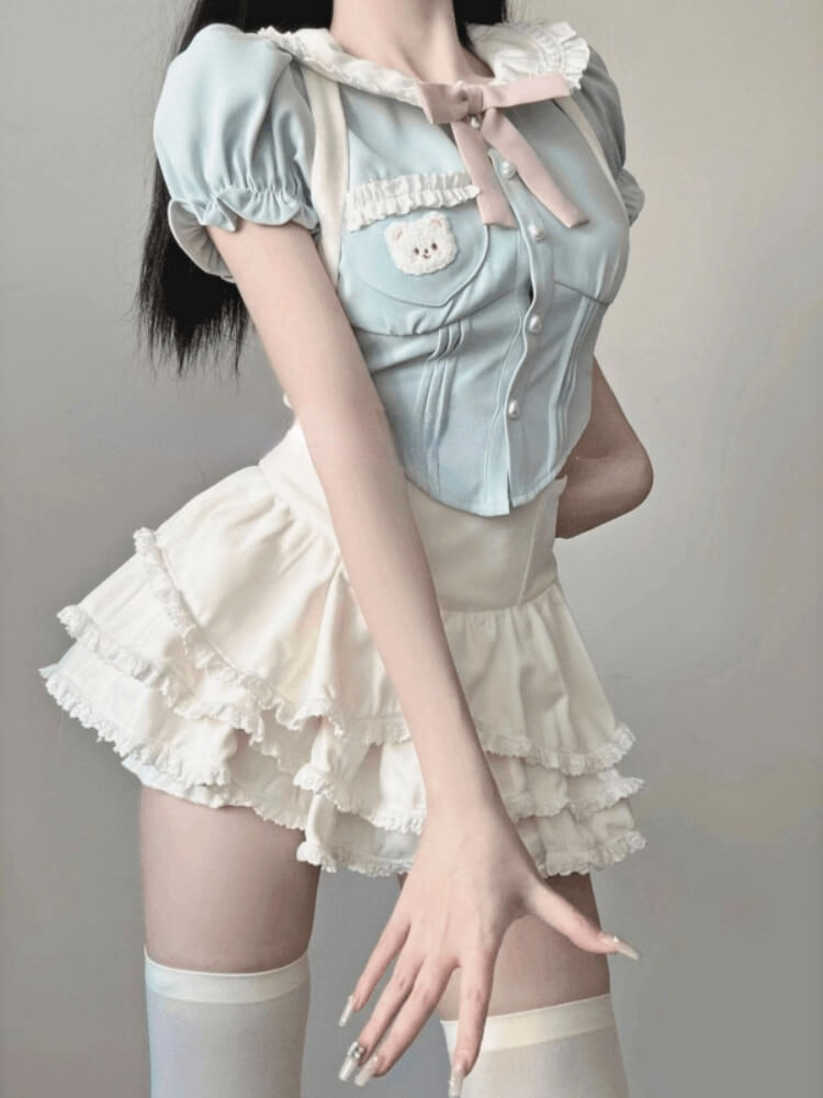 Bow Kawaii Puff Sleeve Top Princess Skirt Set
