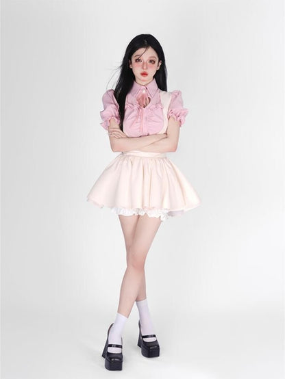 Pink Bubble Sleeve Shirt Apricot Dress Set