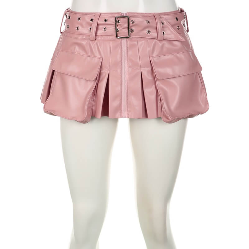 Pink Punk Leather Mini Skirt with Belt