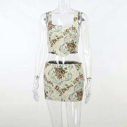 Vintage Floral Print Y2K Crop Top and Skirt Set