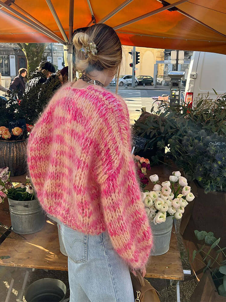 Pink Striped Open Sweater