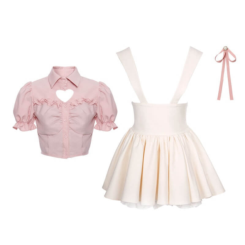 Pink Bubble Sleeve Shirt Apricot Dress Set