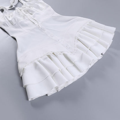 Corset Pleated Tie Sleeve White Dress