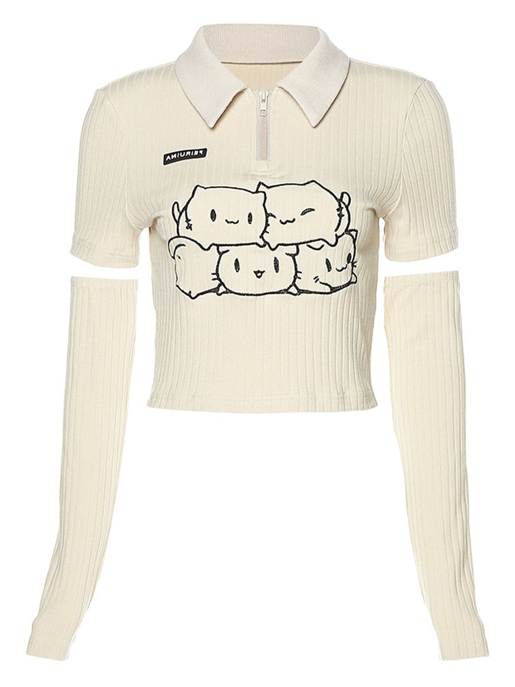 Kitty Cat Long Detachable Sleeve Collared Top