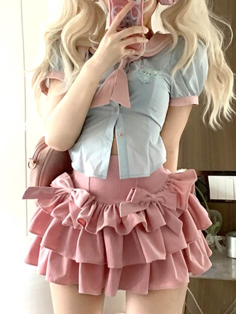 Lolita Kawaii Navy Collar Blouse + Pink Cake Skirt Set