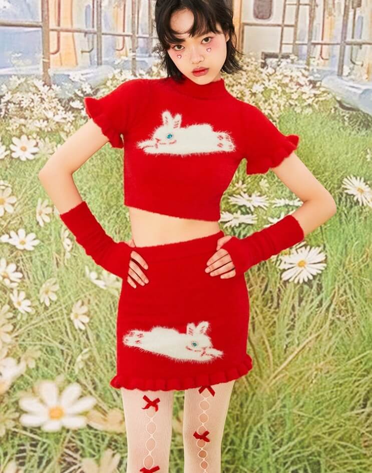 Bunny Knitted Fuzzy Crop Top and Skirt Set
