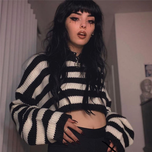 Black and White Striped Knitted Top