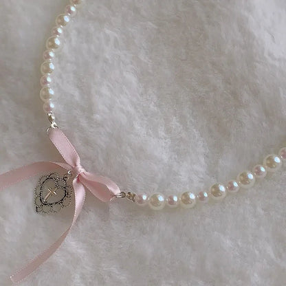 Bow Love Cross Pearl Necklace