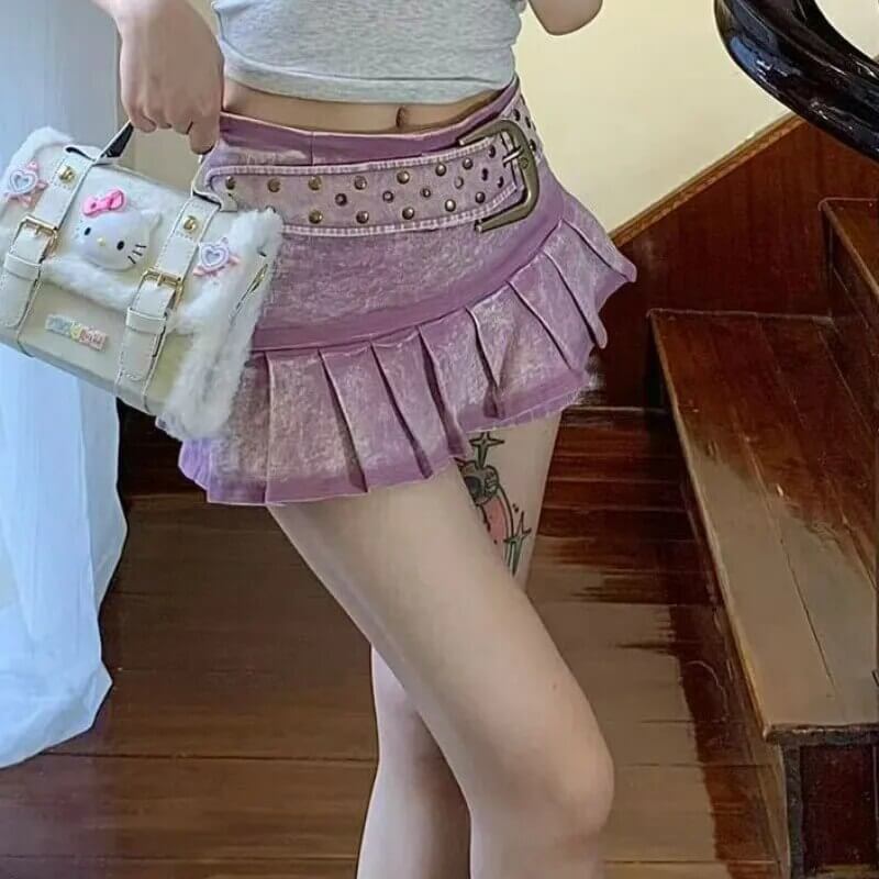Y2K Denim Pleated Mini Skirt