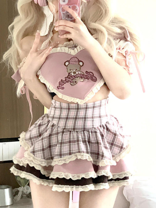 Pink Lolita Kawaii Heart-shaped Blouse Plaid Cake Skirt Set