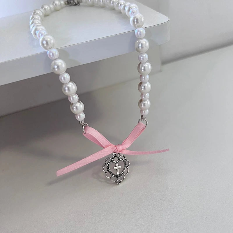 Bow Love Cross Pearl Necklace