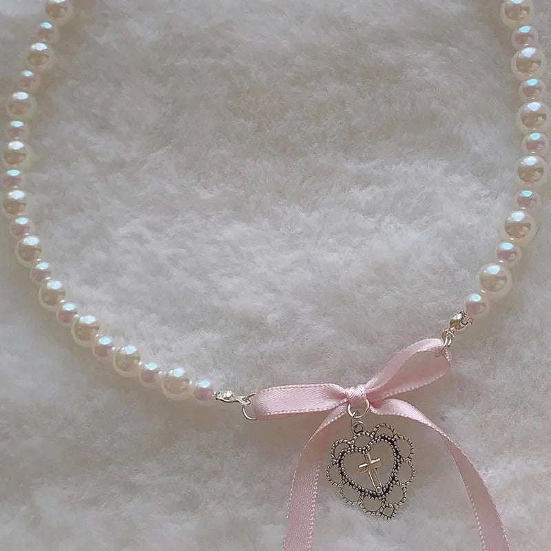 Bow Love Cross Pearl Necklace