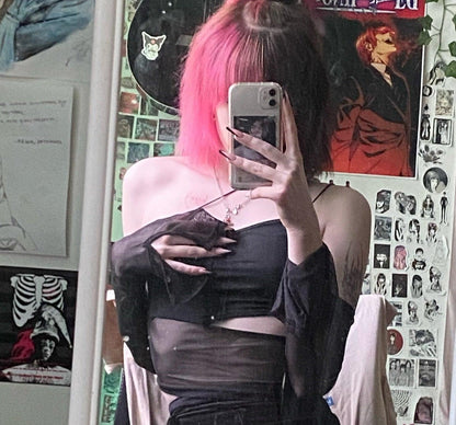 Shop Asymmetrical Cut Out Mesh Crop Top with Sleeves, Shirts & Tops, Killer Lookz, Crop tops, croptop, goth, gothic, new, top, tops, Killer Lookz, killerlookz.com 