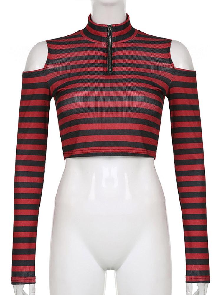 Shop Black and Red Goth Grunge Striped Crop Top , Shirts & Tops , Killer Lookz , crop, croptop, everyday, new, out from under, red, sales, striped, top , Killer Lookz , killerlookz.com
