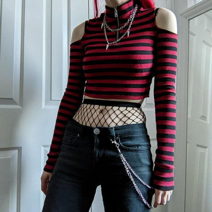 Shop Black and Red Goth Grunge Striped Crop Top , Shirts & Tops , Killer Lookz , crop, croptop, everyday, new, out from under, red, sales, striped, top , Killer Lookz , killerlookz.com